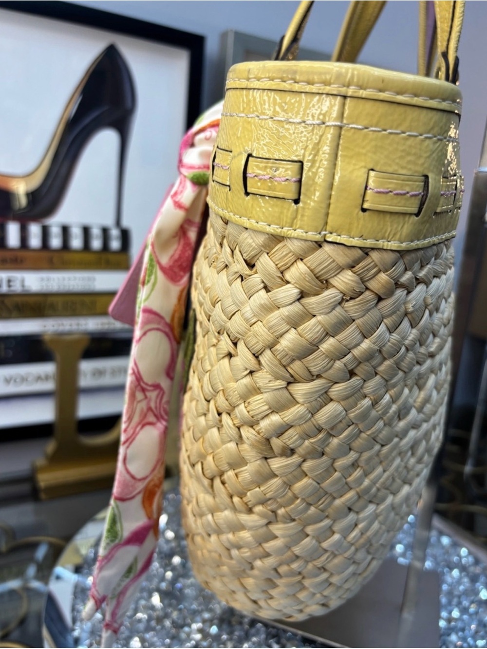 Coach Legacy Yellow Leather  Straw Tote with Pink Floral Applique and Scarf - Picture 10 of 15